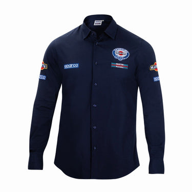 Front view of Sparco Martini Long Sleeve Shirt in navy with embroidered Martini Racing and Sparco patches on chest and sleeves-image